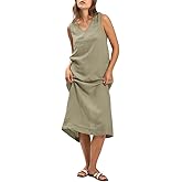 Amazhiyu Women's 100% Linen Plant-Dyed Sleeveless V-Neck Midi Dress with Slit