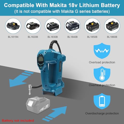 QUPERR Battery Compressor Compatible with Makita 18 V Battery, Electric Air Compressor up to 10.34 Bar with LED Light & Auto Stop, Portable Air Pump for Car, Motorcycle, Bicycle, Balls (without Battery)