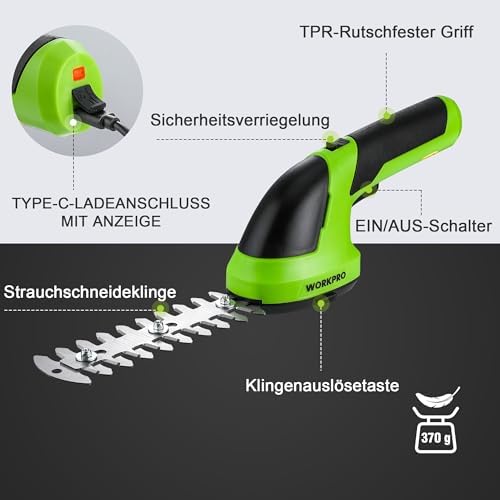 Gartenschere Akku 7,2V Grün, Handliche Grasschere Elektrisch