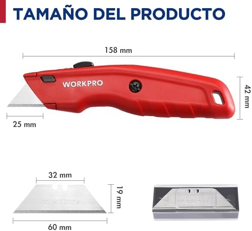 Cutter Profesional, Cúter Universal, Cortador Profesional con Mango de Aluminio Antideslizante, Cuchillo con 10 Cuchillas Adicionales, Rojo