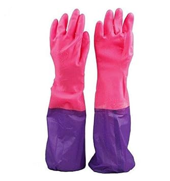 Inditradition PVC Kitchen Hand Gloves, Cleaning Gloves | Reusable, Free Size, Forearm Length, 1 Pair (Pink/Purple Color)