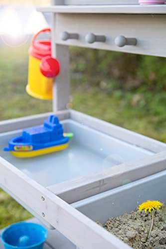 roba Children's Kitchen Sand and Water Fun – Multifunctional – Outdoor Table for Outdoor Activities with 2 Tubs – Lid in Solid Wood Lacquered Grey