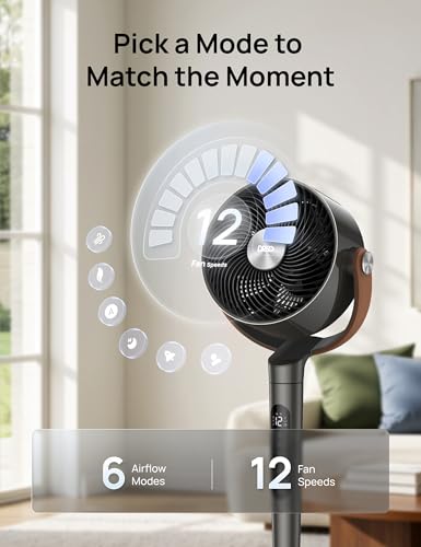 DREO Smart Fan For Bedroom, Standing Fans for Home, 120°+150° Oscillating Pedestal Fan Wi-Fi/Voice Control, 100ft 20db Quiet Circulator RGB Fan, DC Motor, 6 Modes, 12 Speeds, 37-42'' Adjustable Height