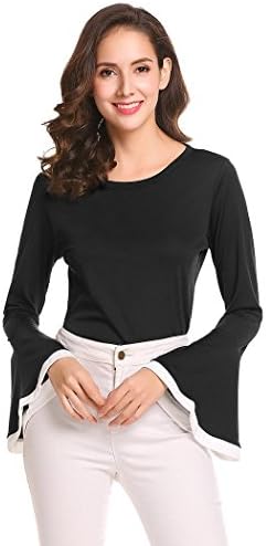 Livesimply Women Bell Sleeve Blouse Casual V Neck Flare Bell Peplum Top Shirts
