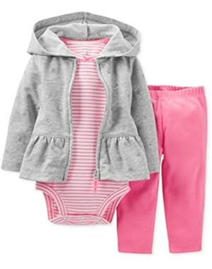 Carters Infant Girls 3 Piece Set Gray Dot Hoodie Pink Leggings Stripe Shirt