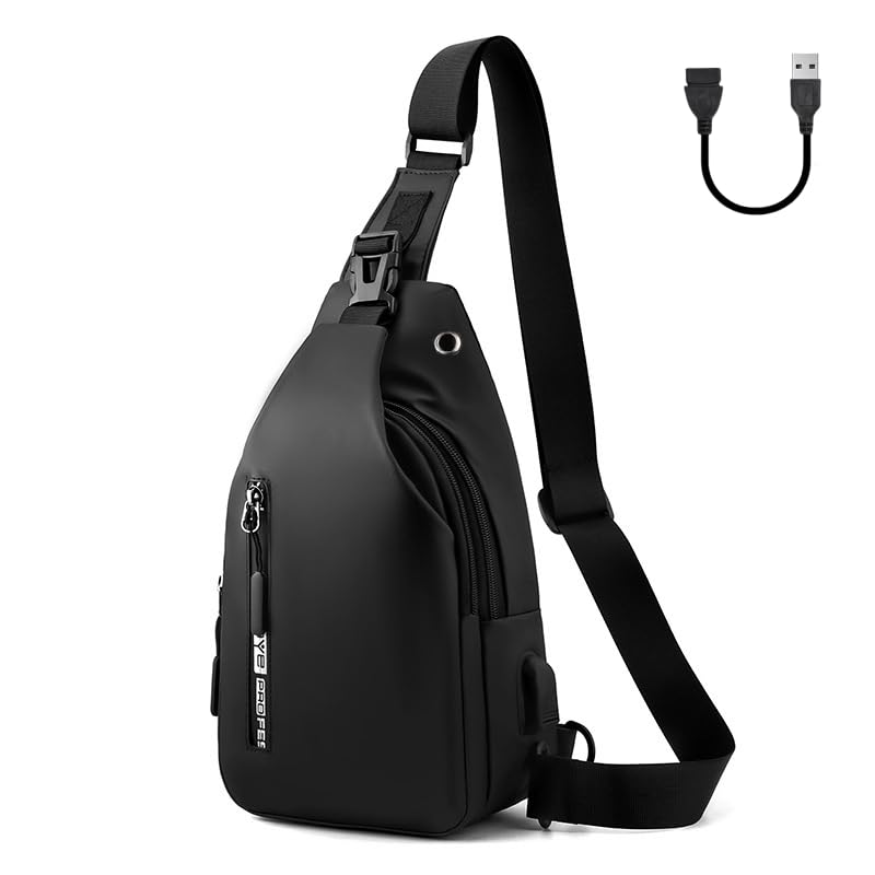 Aucuu Shoulder Bags Chest Bags, Usb Rechargeable Sling Bags, Crossbody Daypacks Small Backpacks, Anti-theft Waterproof Lightweight One Strap Rucksack Messenger Bags for Hiking, (Black)