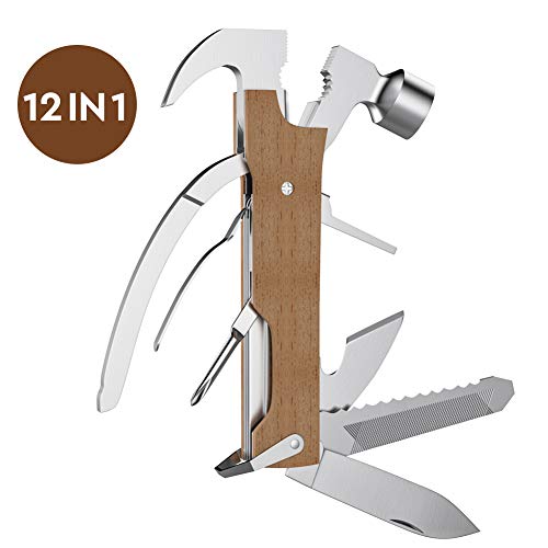 Multi-Purpose Hammer,KUSONKEY 12 in 1 Mini Portable Hammer with Nail Puller,Wire Cutter,Knives,Nail File,Plier,Screwdrivers,Saw,Bottle Opener,Wooden Gift for Him,Men,Father,Husband,Boyfriend