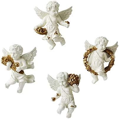 KUSO Set of 4 Cherub Wall Hanging Statues, Angel Sculptures, Polyresin Figurines Two Tone Stone 4 Pcs (White & Gold)