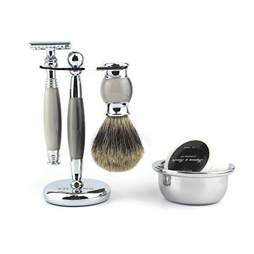 VICYUNS Luxury Grooming Shaving Set for Men Including Double-sided Razor, Allergy Shaving Soap, Stainless Steel Mirror Bowl, Hair Shaving Brush,10 Replacement Blades (Gray)