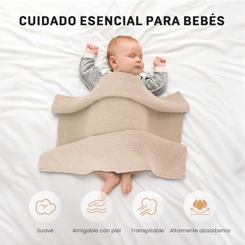 IKWOLETI Baby Cotton Muslins 60 x 60 – Pack of 6 Baby Cotton Muslins, Soft, Absorbent and Friendly, Newborns, Ideal for Cleaning and Covering (Grey Pink)