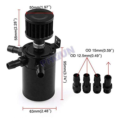 Universal Black Billet Aluminum Baffled 3-Port Oil Reservoir Catch Can Oil Separator Air Filter Cleaning Tank with Drain Valve Breather with Inlet Outlet Connector Keep the Engine Clean