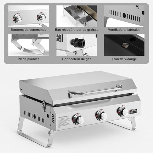onlyfire Plancha à Gaz de Table en Inox, Barbecue Gaz avec Couvercle et 3 Brûleurs 7kW, Plancha 57x36cm avec Revêtement en Céramique Antiadhésif, Pieds Pliables pour Terrasse, Balcon et Camping