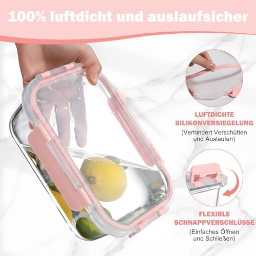 Glasbehälter mit Deckel, 10 Teile Stapelbar & Luftdicht Meal Prep Boxen Glas für Spülmaschine, Mikrowelle & Gefrierschrank, Auslaufsicher, BPA-Frei, Rosa