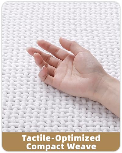 Color&Geometry White Chenille Bathroom Rugs 60x90 cm- Non Slip, Absorbent, Quick Dry, Washable Bathmat Fit Under Door, Thin Bath Mats for Washroom Floor, Woven Shower Mat Outside Shower