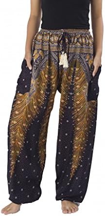 Lannaclothesdesign Women's Peacock Pants Drawstring Tassel Thai Boho Pants Regular Black Gold