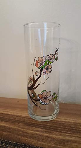 Cherry Tree Flower Blossom Hand Painted Stained Glass Cylinder Vase, Candle Holder, Floral Decor - Thumbnail 3