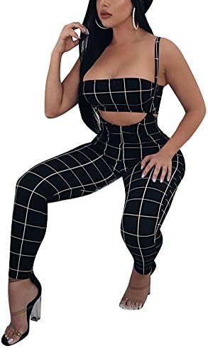 Women Sexy Strappy Bandeau Top and Suspender Trousers 2 Pieces Jumpsuit Overalls Black S