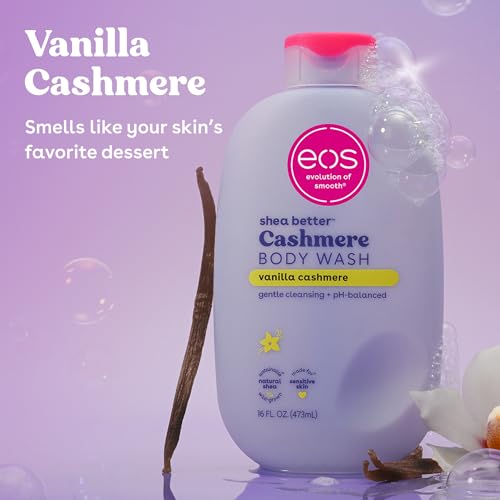 EOS CASHMERE BODY WASH – VANILLA CASHMERE, MOISTURIZING BODY WASH, CREAMY GEL FORMULA, WITH SHEA BUTTER, GLYCERIN, VITAMIN E, PH BALANCED, SENSITIVE SKIN, VEGAN, 16 FL OZ