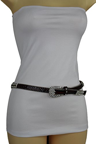 TFJ Women Western Fashion Red Black Faux Leather Skinny Belt Big Silver Metal Bling Buckle (Red (2) Medium/Large)