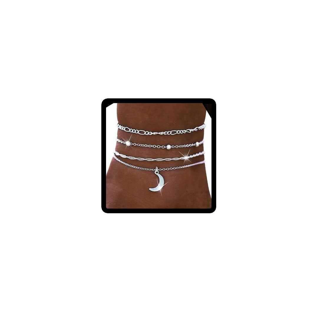 Wedity Layered Moon Pendant Anklets Silver Beaded Anklet Bracelets Beach Accessories Foot Jewelry Adjustable for Women and Girls