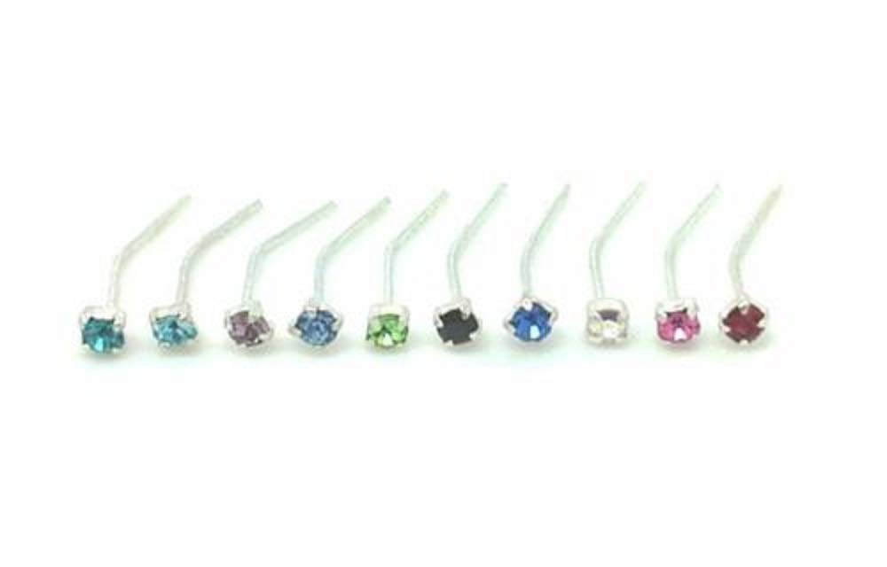 10 x Sterling Silver Mix Colour Clawset Nose Studs Piercing Stud Body Jewellery