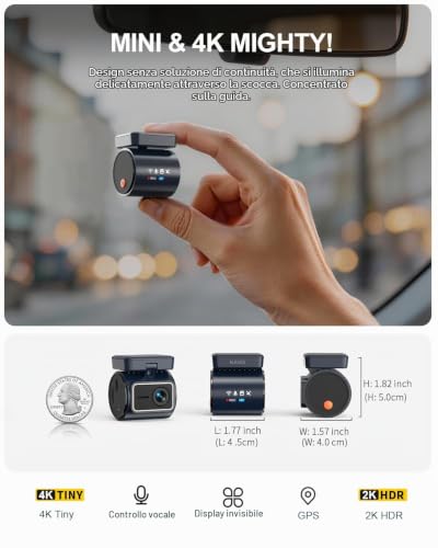 KAWA Mini Dash Cam Front 4K, Hidden Display, Wi-Fi 6 & GPS | 2K HDR,Night Vision,App Control,G-Sensor,Loop Recording,24H Parking Mode,256GB Max
