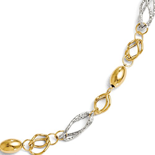 Italian 14k Two-Tone Gold Polished and Textured Fancy Link Bracelet - 7 inches