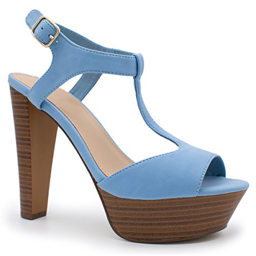 Top Moda Table-1 Women's peep toe platform chunky heel closed back buckle T-strap nubuck pumps, TS Betsey-53 Blue Size 9
