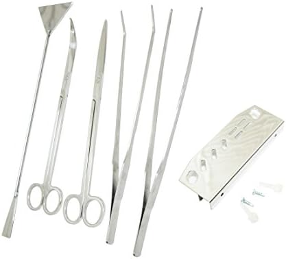 FOONEA 6 in 1 Aquarium Tweezers Tool Set With Stainless Steel Scissors, Tweezers, Substrate Sand Spatula, Maintenance Rack (With Metal Maintenance Rack)