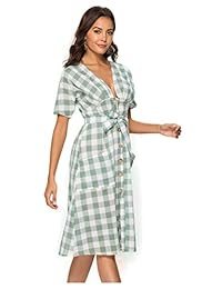 Vestido para mujer con cuello en V, de lino y algodón, estilo vintage