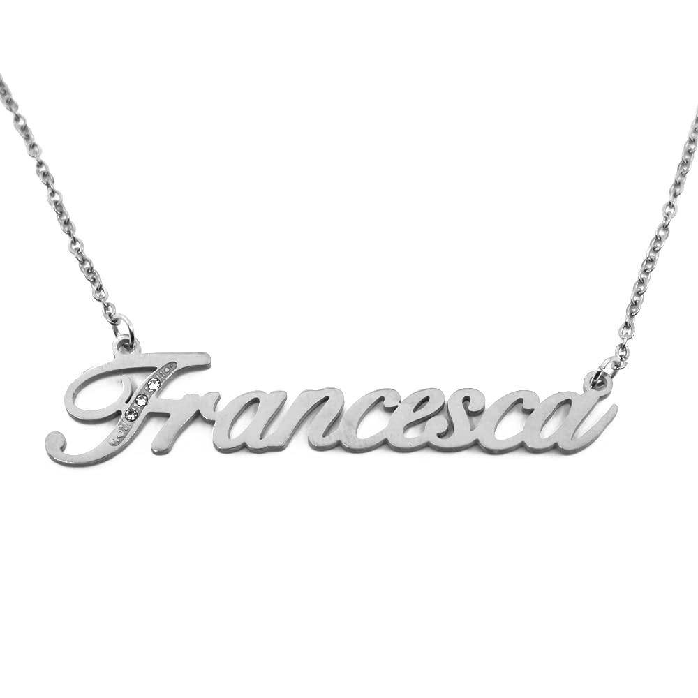 Kigu Name Necklace Francesca - Silver Tone - Custom Name Necklace - Personalised Jewellery for Ladies- Customised Jewellery for Girls- Custom Pendant Francesca