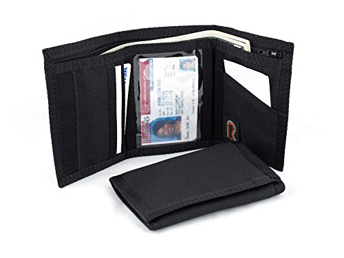 RFID Nylon Trifold Wallet w/Inside ID Window. Hook and Loop Closure. Made in USA (Black)
