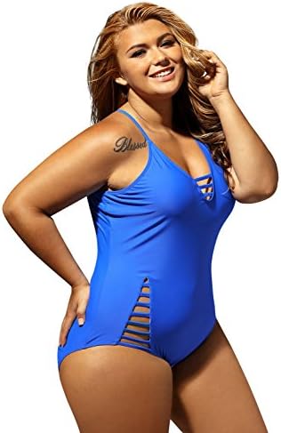 LittleLittleSky Womens Sexy Cross Back Plus Size Swimwear Cut out One-piece Swimsuits ((US 18-20)XXL, Blue)