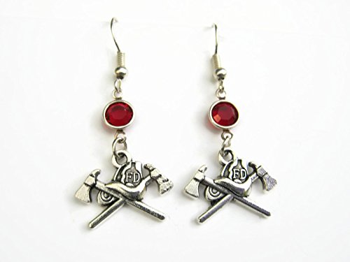 Firefighter Birthstone Earrings, Personalized Fire Helmet Earrings, Fireman Axe Charm, First Responder Jewelry