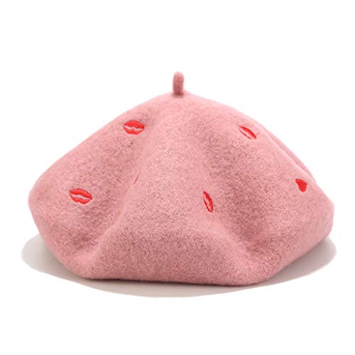 Women Beret Hat French Style Beret Beanie Cap Solid Color Winter Hat Love Pattern Embroidery Painter Hat - Thumbnail 2