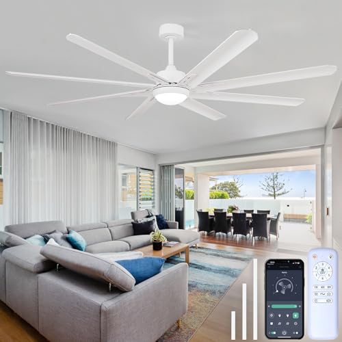 XSXUDODP Ceiling Fans 185 cm with Light, White Outdoor Ceiling Fan with Lighting and Remote Control, 8 Aluminium Blades, 6 Speed, Reversible DC Motor, White