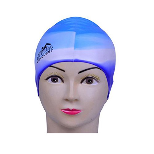 HEART SPEAKER Beach Pool Waterproof Silicone Swim Cap Adult Hair Protect Flexible Swimming Hat (Blue + White)