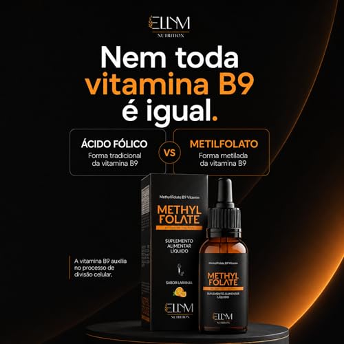 Vitamina B9 Metilfolato em Gotas Sublingual 30 mL ELLYM NUTRITION Sabor Laranja O Ácido Fólico Auxilia na Formação do Tubo Neural do Feto Durante a Gravidez (30 mL)
