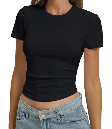 OYIGELZ Damen Basic T-Shirt Kurzarm Crop Top Y2K Slim Fit Tops Casual Tee Shirts Streetwear, XL