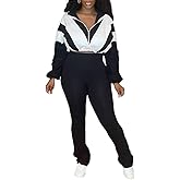 Lingt Chic Women's 80s Color Block Tracksuit 2 Piece Outfit Zip Up Crop Jacket and Bodycon Pants Set Long Sleeve Sweatsuit