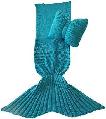 Mermaid Tail Blanket and Bowtie Pillow By Viva Blanket: Knitted Sleeping Blanket With Decorative Cushion In 4 Colors – The Best Gift For Girls, Kids &amp; Adults (Blue)