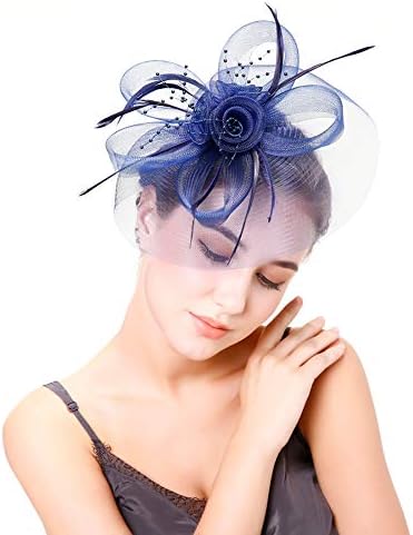 Fascinators Hat Hair Clip Hair Accessory Mesh Ribbons Feather Flowers Elegant Bride Headwear Cocktail Tea Party Wedding Derby Headpiece for Girls and Women,Navy Blue