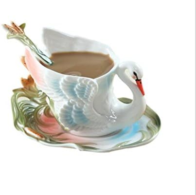 Elegant Handpainted Collectable Fine Arts China Porcelain Tea Cup and Saucer Coffee Cup Peacock Theme Romantic Creative Present for Wedding/christmas Three Sets (Swan)