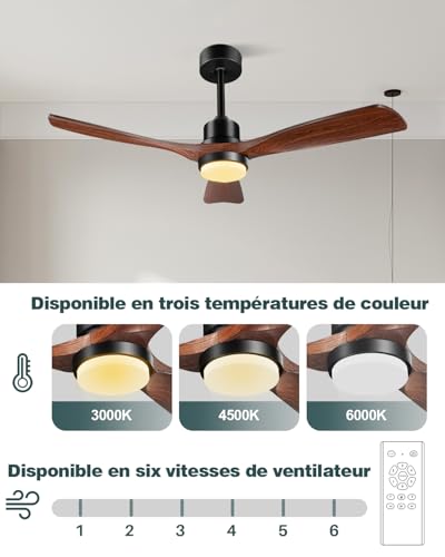 Forrovenco Ceiling Fan with Light and Remote Control, 52 Inch Strong Winds Silent Reversible DC Motor 3 Blades Wood Modern Design for Indoor Outdoor Patio Farmhouse, 52", Walnut
