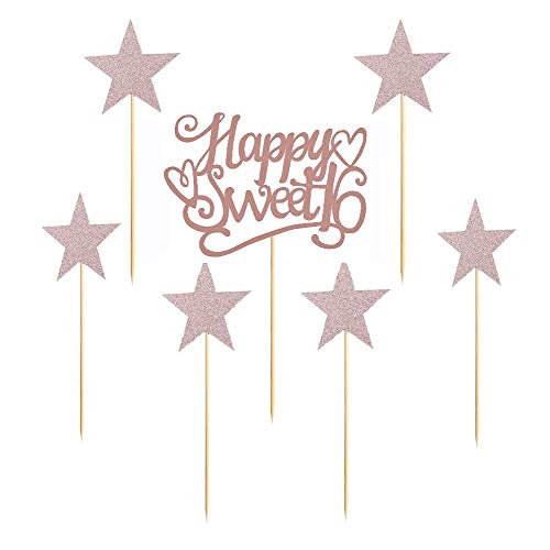 7 Pack Glittery Rose Gold Happy Sweet 16 Birthday Cake Topper, Bling 16th Sixteen Birthday Cupcake Decoration