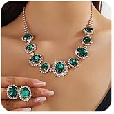 Octwine Silver Black Green Rhinestones Women Bridal Necklace Earrings Set Wedding Rhinestone Necklace Dangle Earrings Sets for Brides Bridesmaid Crystal Prom Party Accessories for Women