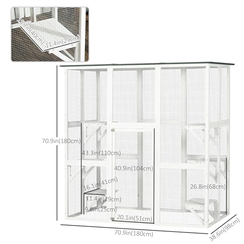 PawHut Outdoor Catio Cat Enclosure, Large Weatherproof Cat House with Asphalt Roof, 6 Jumping Platforms, Wooden Walk-in Kitty Cage for Multiple Kittens, 71" x 39" x 71", White