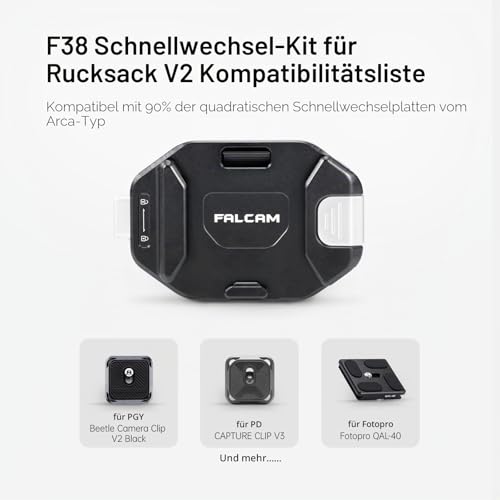 FALCAM F38 Camera Clip V2 with Plate Quick Release System, Camera Strap Mount Backpack with 1/4 Inch to 3/8 Inch Screw Thread, Arca-Swiss Compatible, Universal Mounting Base Adapter for Shoulder Strap