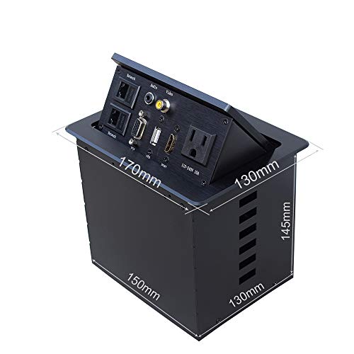 Pop Up Outlet Date Center with CAT6 Power HDMI VGA USB and Video for Meeting Room or Conference Desktop