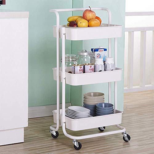 JAKAGO 3-Tier Rolling Utility Cart Storage Shelves Multifunction Trolley Cart with Mesh Basket, Handles and Wheels Adjustable Service Cart for Office, Kitchen, Bedroom, Bathroom, Laundry Room (White)